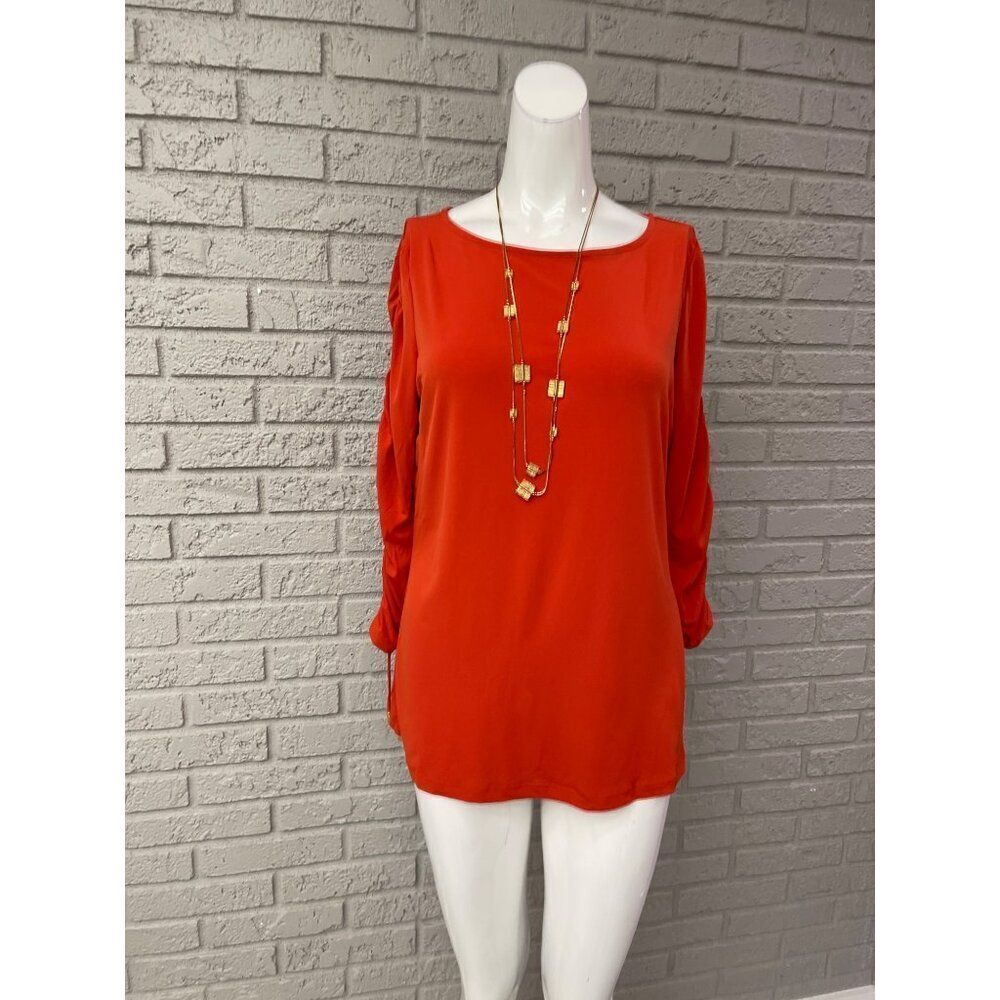 Susan Graver Women Orange Ruched Drawstring Long Sleeve Blouse Size S